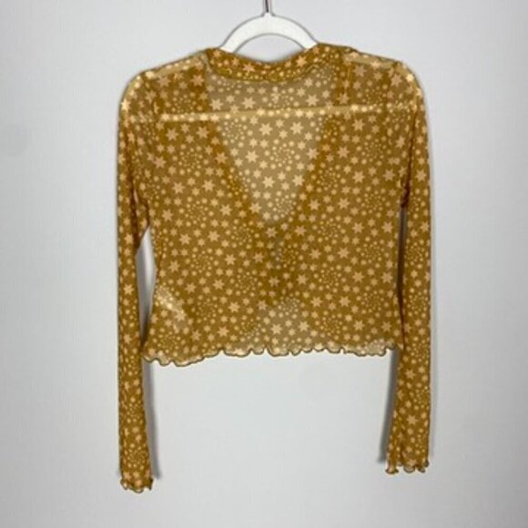 Free People Marne Tie Front Mesh Top Star Print Sheer Gold Orange Long Sleeves - Picture 7 of 8